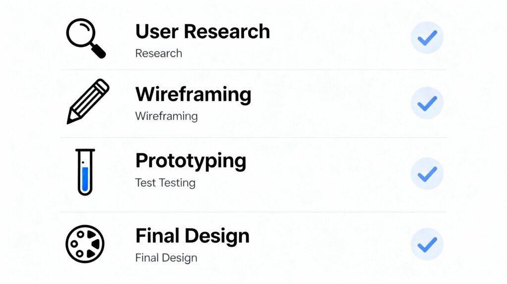 Checklist web design UX per siti PMI a Parma con icone e segni di spunta.